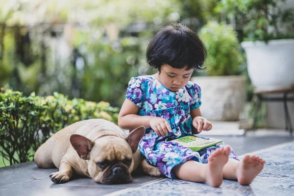 Een Aziatisch Vrouwelijk Kind Dat Speelt Met Haar Franse Bulldog — Stockfoto