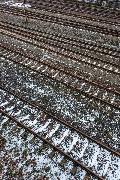 Disparo Vertical Los Ferrocarriles Gdansk Danzig Polonia Durante Invierno — Foto de Stock