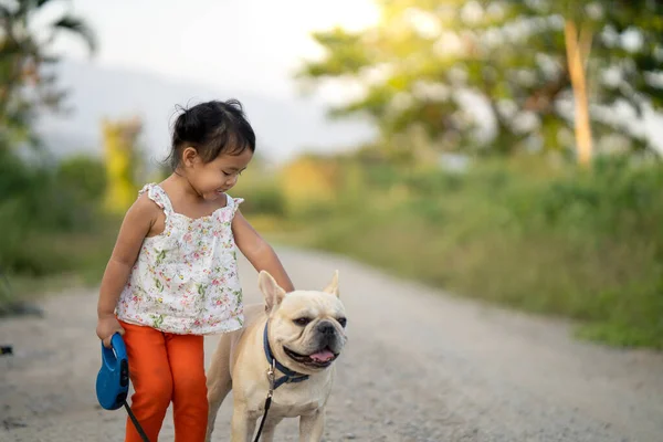 Een Close Van Een Klein Meisje Wandelen Met Haar Hond — Stockfoto
