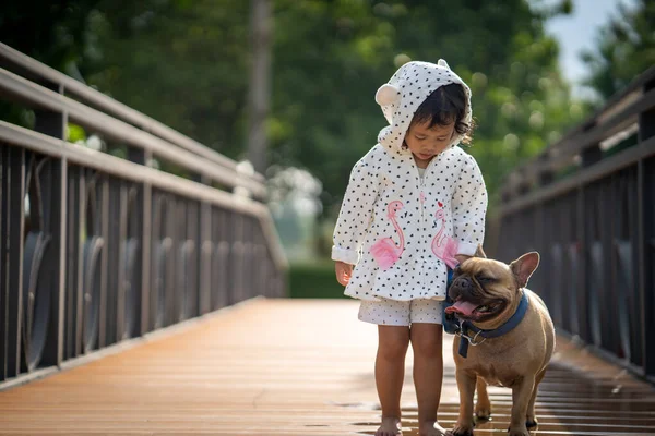 Een Schattig Aziatisch Vrouwelijk Kind Haar Huisdier Frans Bulldog Lopen — Stockfoto