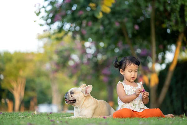 Een Close Van Een Klein Meisje Zittend Het Gras Met — Stockfoto