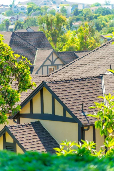 Tiro Vertical Telhados Marrons Casas Uma Cidade Rural Com Árvores — Fotografia de Stock