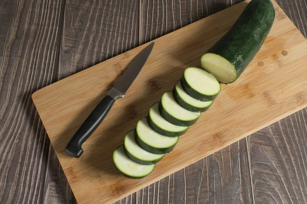 Closeup Sliced Cucumber Wooden Board — Stock Photo, Image
