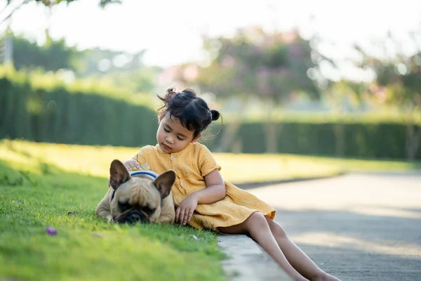 Een Aziatisch Vrouwelijk Kind Dat Speelt Met Haar Franse Bulldog — Stockfoto