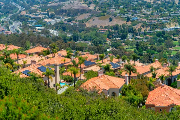 Plan Aérien Arbres Denses Vibrantes Des Maisons Avec Des Toits — Photo