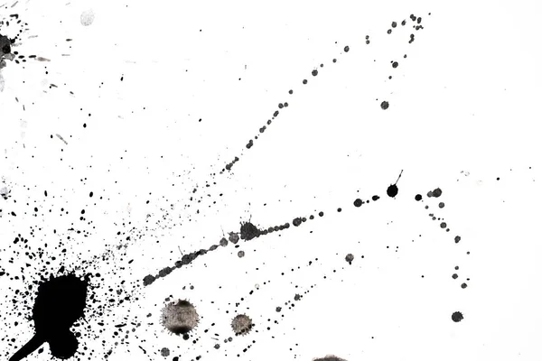 Messy Black Ink Scattered White Surface Copy Space — Stock Photo, Image