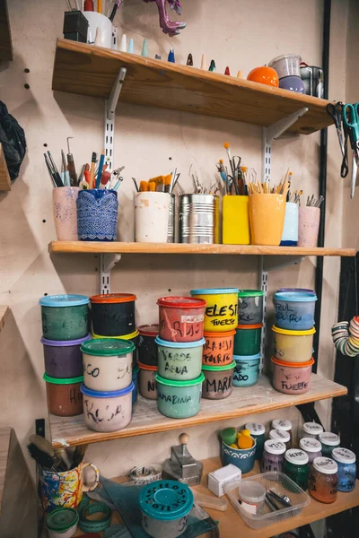 Vertical Shot Paints Brushes Shelves Workshop — Stock Photo, Image