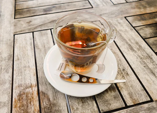 Cup Organic Tea Teabag Modern Spoon Wooden Table — Stock Photo, Image