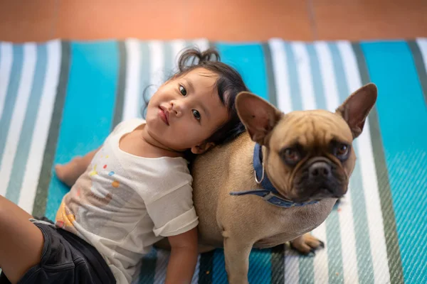 Een Oppervlakkige Focus Van Een Aziatisch Meisje Met Een Pug — Stockfoto