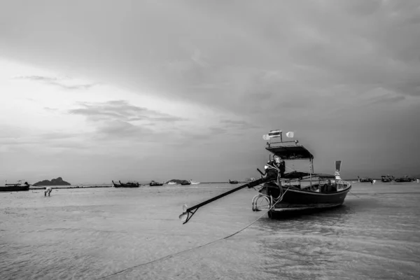 Tiro Tons Cinza Barco Cauda Longa Mar Sob Céu Nublado — Fotografia de Stock