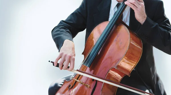 白い背景でオーケストラチェロを演奏する男 — ストック写真