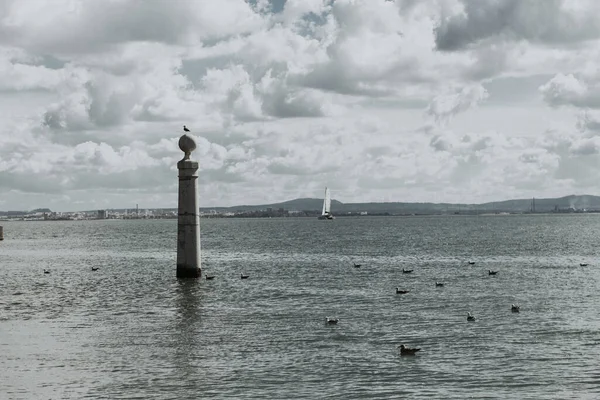 Egy Szürkeárnyalatú Felvétel Egy Kőoszlopról Tagus Folyóban Portugáliában — Stock Fotó