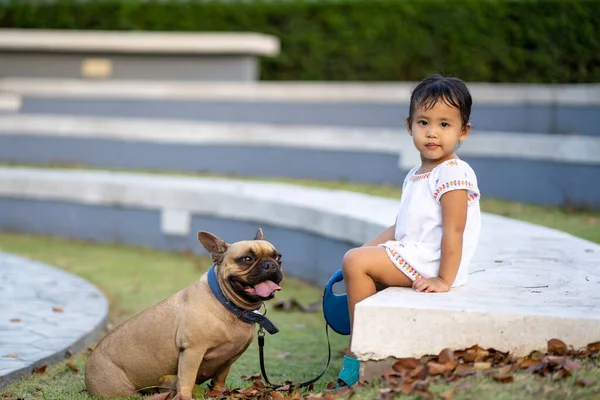 Uma Linda Menina Asiática Sentada Parque Com Seu Adorável Bulldog — Fotografia de Stock