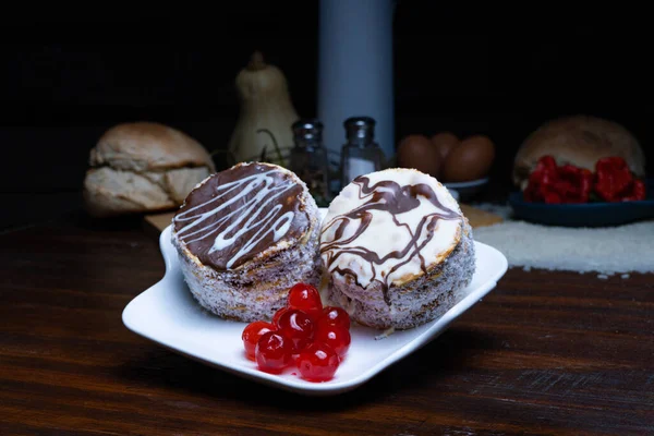 Two Freshly Baked Cakes Served Red Ripe Cherries Table — Stock Photo, Image