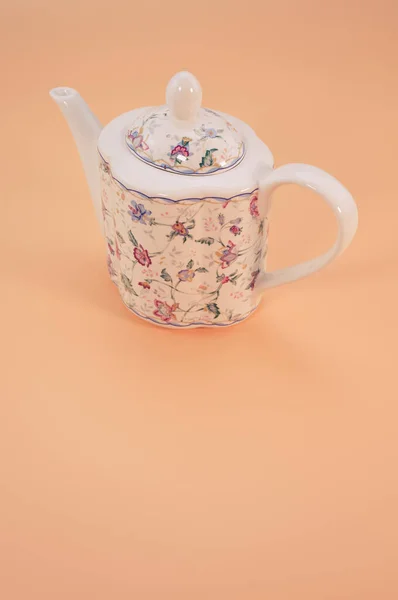 Floral Teapot Isolated Beige Background Free Space Text — Stock Photo, Image