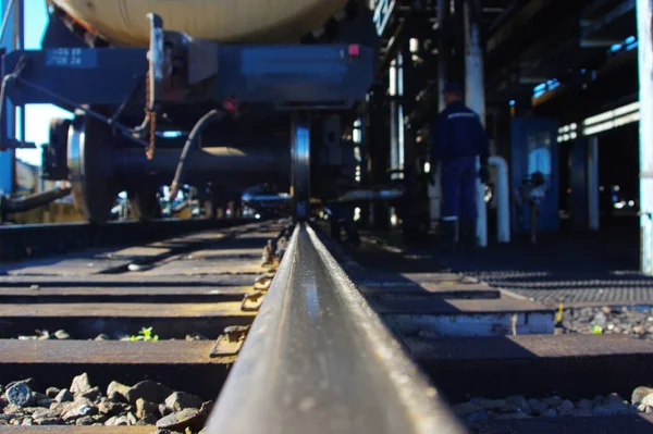 Closeup Shot Industrial Train Tracks Oil Refinery Plant — Stock Photo, Image