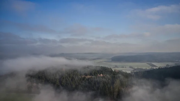 Aerial View White Mist Covering Agricultural Fields Dense Trees — Stock Photo, Image