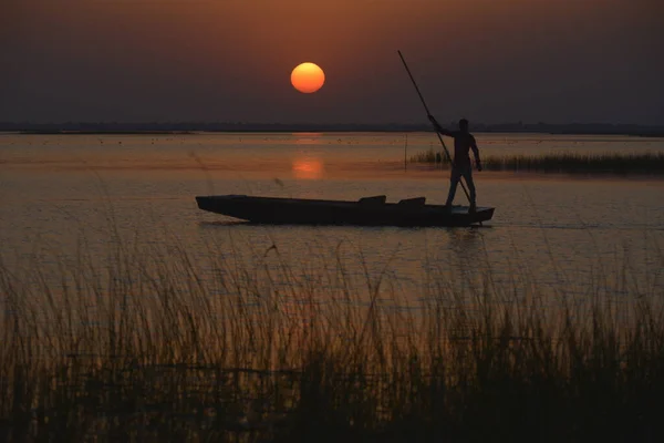 Fisherman Silhouette Boat Sunset — стоковое фото