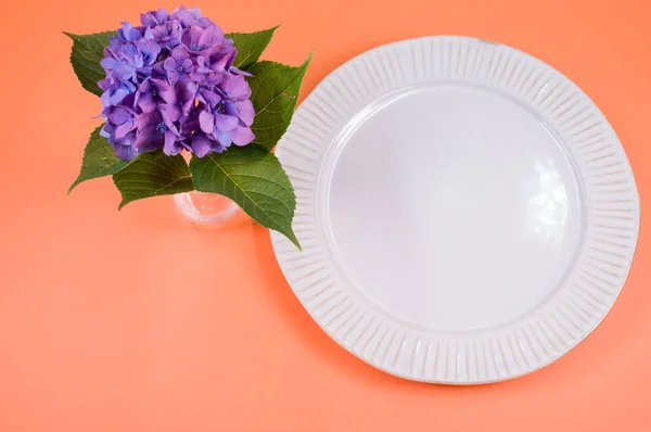桃の表面に紙皿を持つ花瓶のアジサイのトップビュー — ストック写真