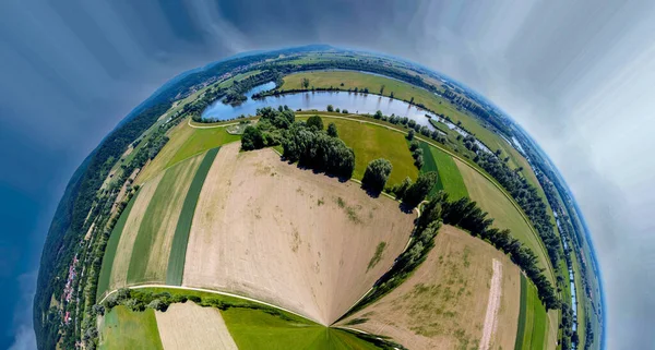 Colpo 360 Gradi Terreni Agricoli Sezioni Sotto Cielo Nuvoloso Blu — Foto Stock