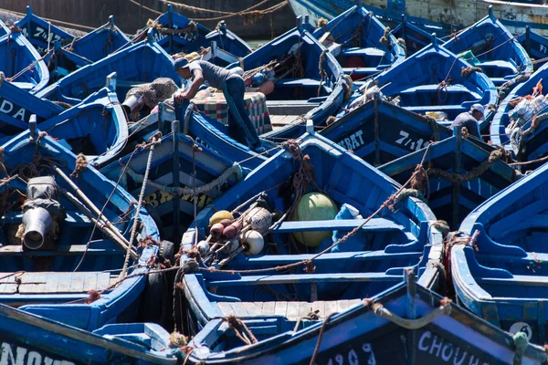 Essaouira Morocco Apr 2017 Closeup Beautiful Blue Boats Parked Harbor — Stock Photo, Image