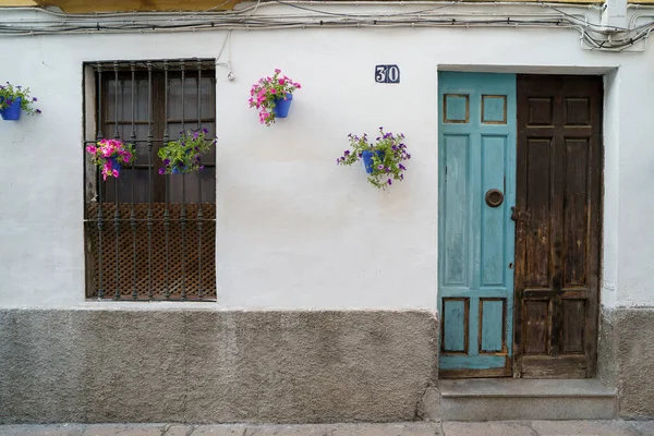 Porte Fenêtre Bois Marron Bleu Une Maison Décorée Fleurs Pot — Photo