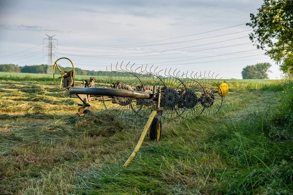 Een Hooischudder Machine Die Het Veld Staat Met Gemaaid Gras — Stockfoto