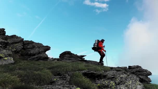 Filmato Bel Giovane Trekking Montagna — Video Stock