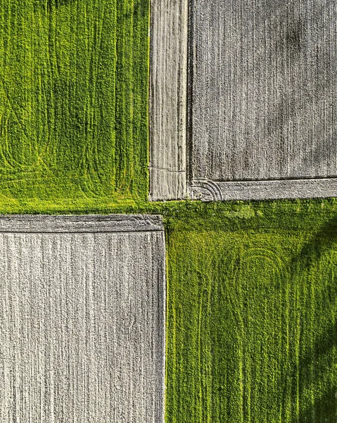 Een Antenne Uitzicht Een Geploegd Landbouwveld Met Groen Grijs Gekleurd — Stockfoto