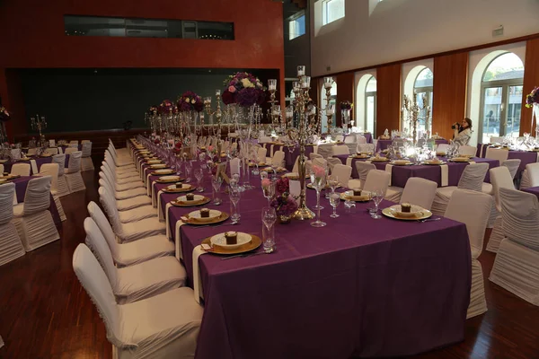 The tables of the wedding guests in a restaurant