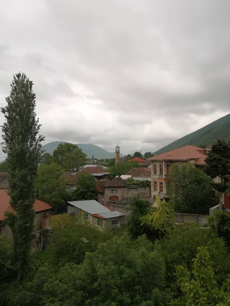 Vertikal Bild Hus Omgiven Gröna Träd Molnig Himmel Sheki Azerbajdzjan — Stockfoto