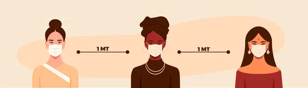 Különböző Etnikumú Kultúrájú Nők Illusztrációja Akik Távolsági Vonallal Ellátott Maszkot — Stock Fotó