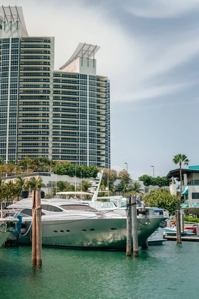 Tiro Vertical Iates Porto Praia Miami Edifícios Fundo — Fotografia de Stock