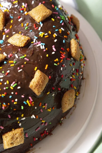 Вертикальный Крупный План Шоколадного Пончика Красочными Посыпками — стоковое фото