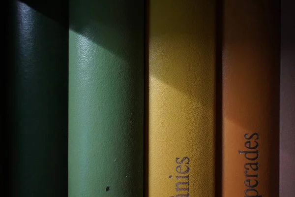A closeup shot of colorful book spines