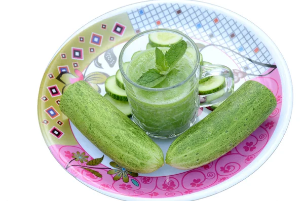 Closeup Sliced Green Ripe Cucumber Mint Plate Isolated White Background — Stock Photo, Image