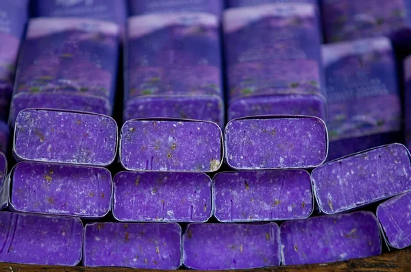 Closeup Stacked Lavender Soap Table Blurry Background — Stock Photo, Image