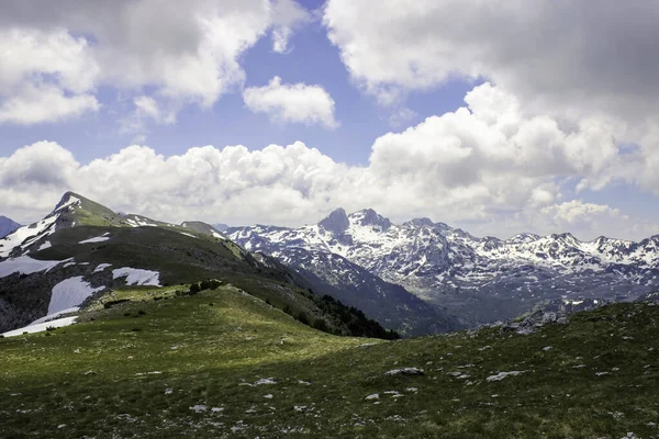 Het Groene Veld Rotsachtige Bergen Bedekt Met Sneeuw — Stockfoto