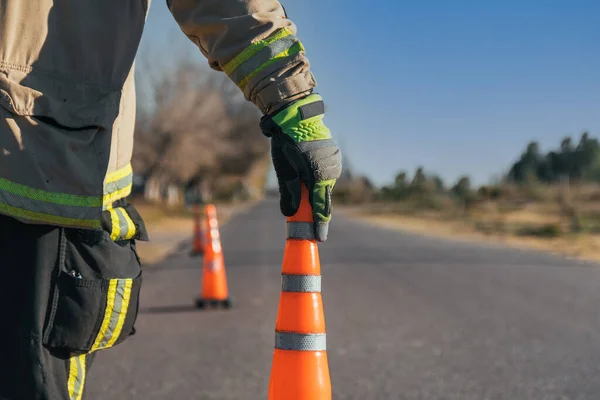 Closeup Shot Firefighter Putting Cone Road — Stock Photo, Image