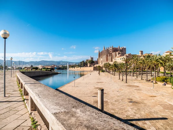 Pohled Katedrálu Palma Seu Moře Španělsku Mallorca Proti Jasně Modré — Stock fotografie