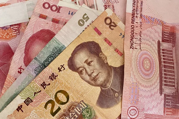 Primer Plano Los Diferentes Billetes Rmb Valorados Billetes Moneda China — Foto de Stock