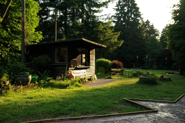Una Hermosa Casa Bosque Bajo Luz Del Sol Con Campo — Foto de Stock