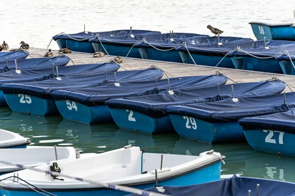 Die Blauen Boote Die Entlang Der Anlegestelle Festgemacht Haben — Stockfoto