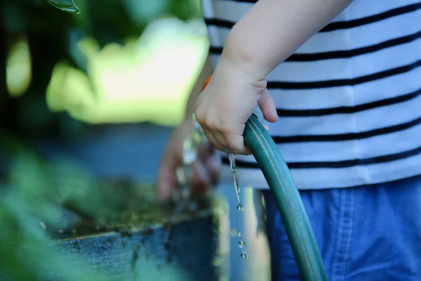 Sebuah Gambar Closeup Dari Anak Anak Menyiram Tanaman Dengan Pipa — Stok Foto