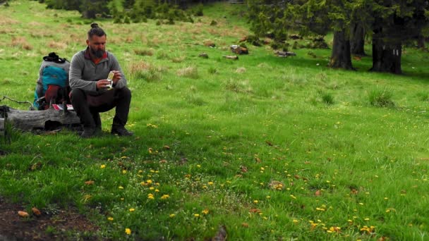 Zdjęcia Przystojnego Młodzieńca Trekking Górskim Lesie — Wideo stockowe