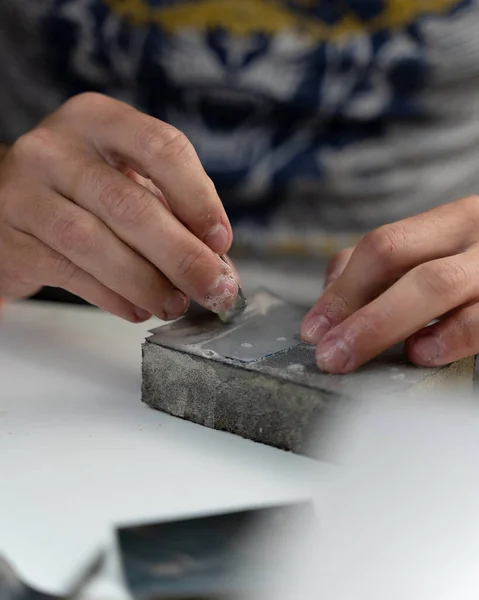 Vertical Shot Worker Polishing Wooden Ring — Stock Photo, Image