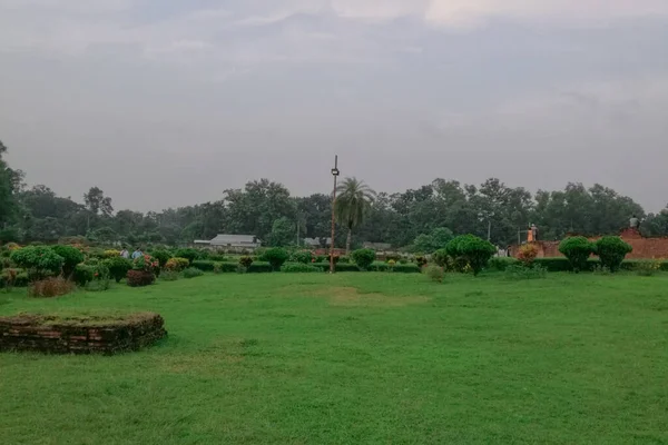 夕阳西下 一片苍翠的绿草丛生的公园 一片阴郁的黄昏 — 图库照片