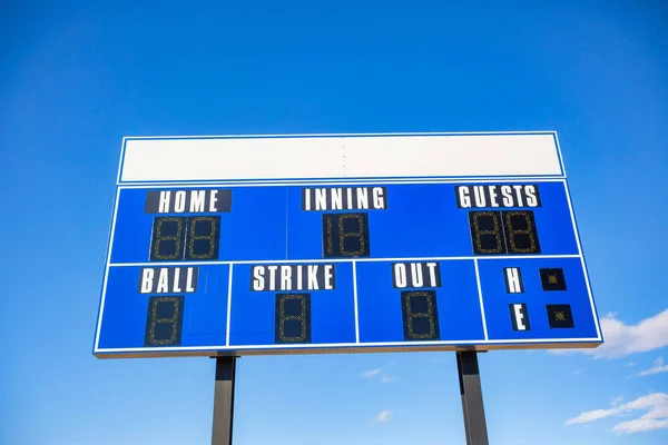 A NFL score board showing numbers of each team with sky in the background