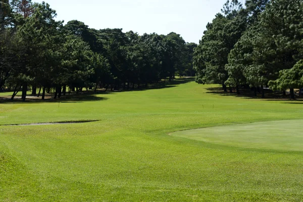 Belo Campo Golfe Iluminado Com Luz Solar Nascer Sol Espaço — Fotografia de Stock