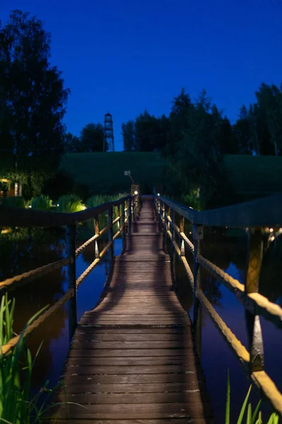 Colpo Verticale Ponte Legno Lago Parco Notturno — Foto Stock